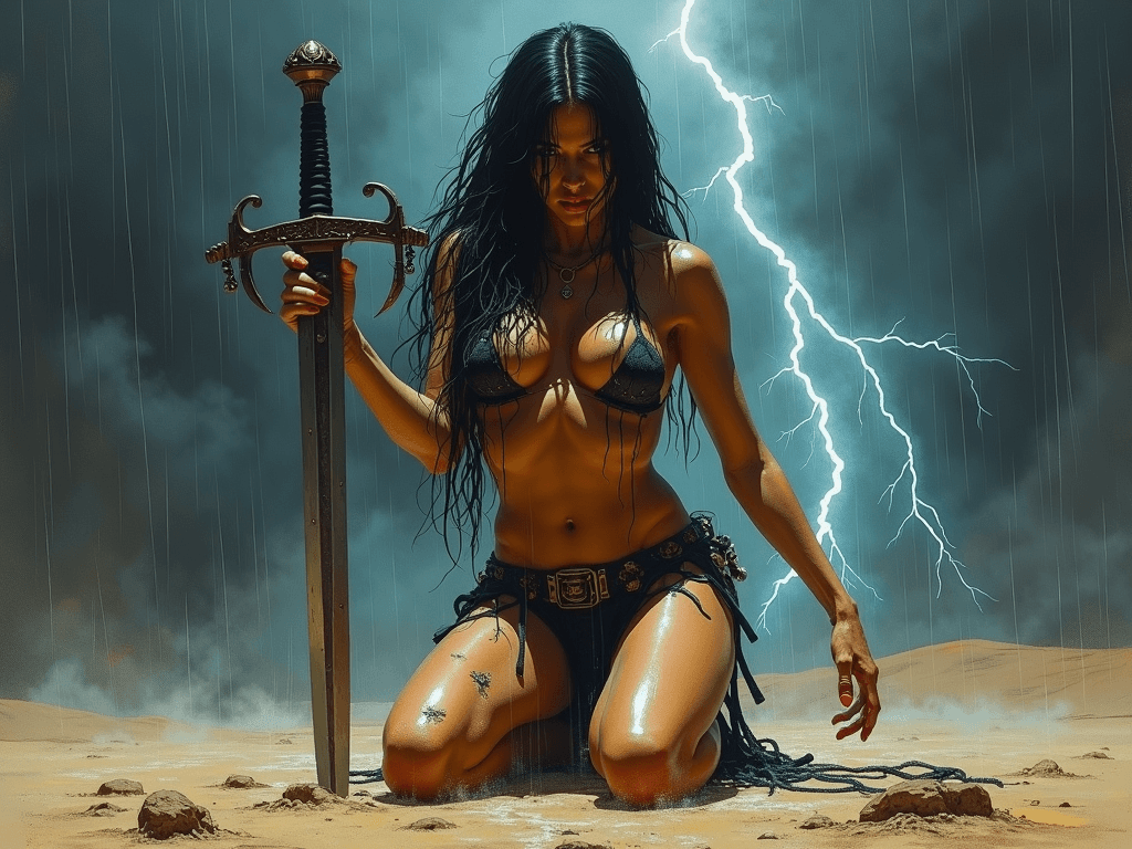 AI generated: (masterpiece, ultra-detailed, dark fantasy, dark sky, volumetric lighting, erotic, Boris Vallejo sty...