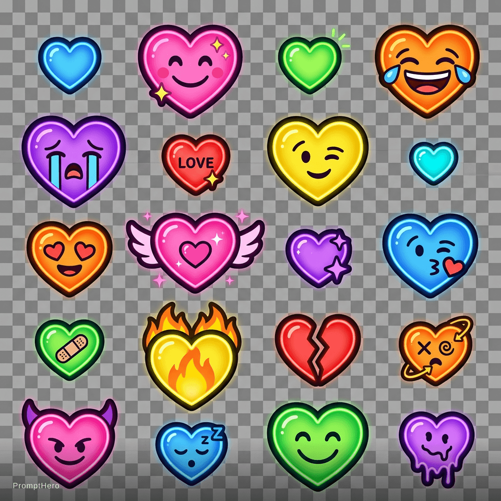 AI generated: Einzelne Neon Herzen in verschiedenen Farben und Größen