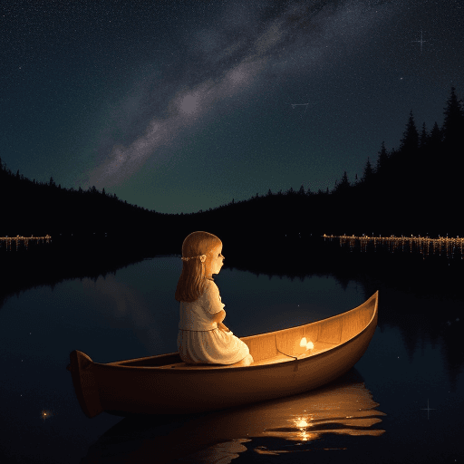 AI generated: 7year old girl in a row boat in the middle of a lake sitting with jesus,beautiful stars and bright m...