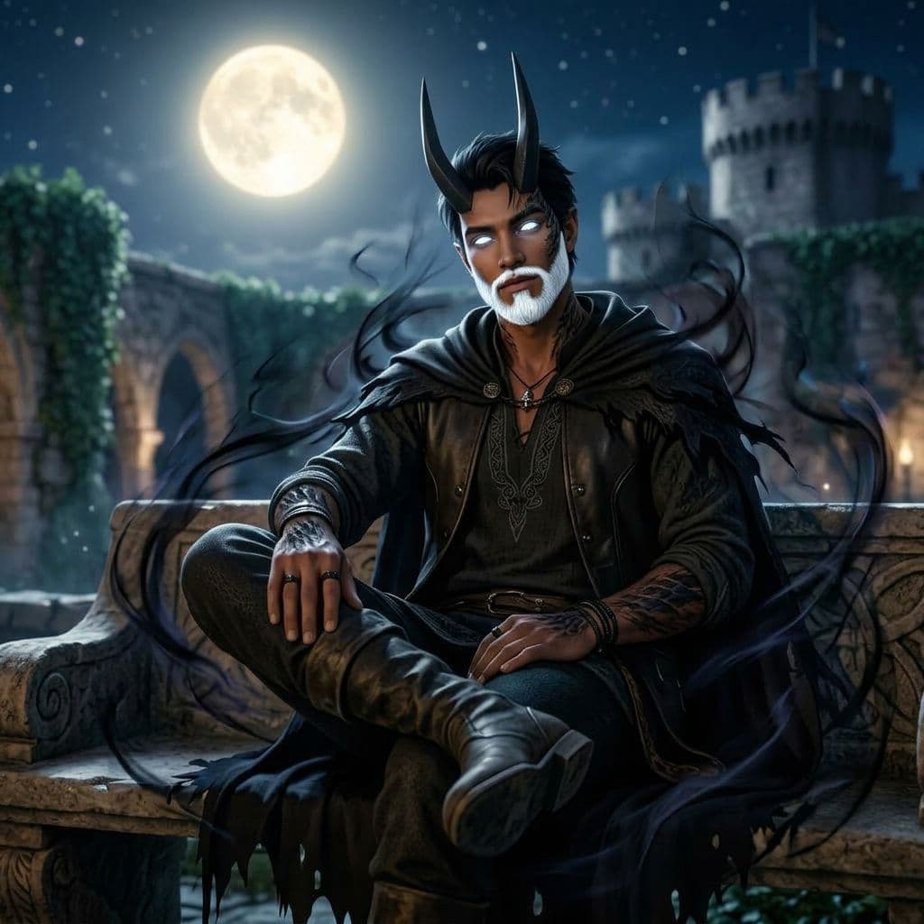 AI generated: Create a shadow dragon demon with but in a relaxed human form and with a pair of straight horns that...