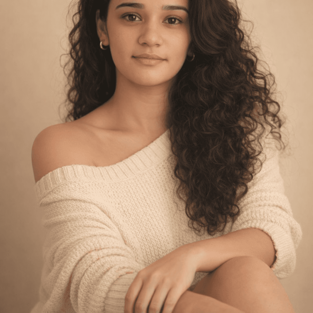 AI generated: A woman with long, curly hair sits elegantly against a soft beige background. She wears a loose-fitt...