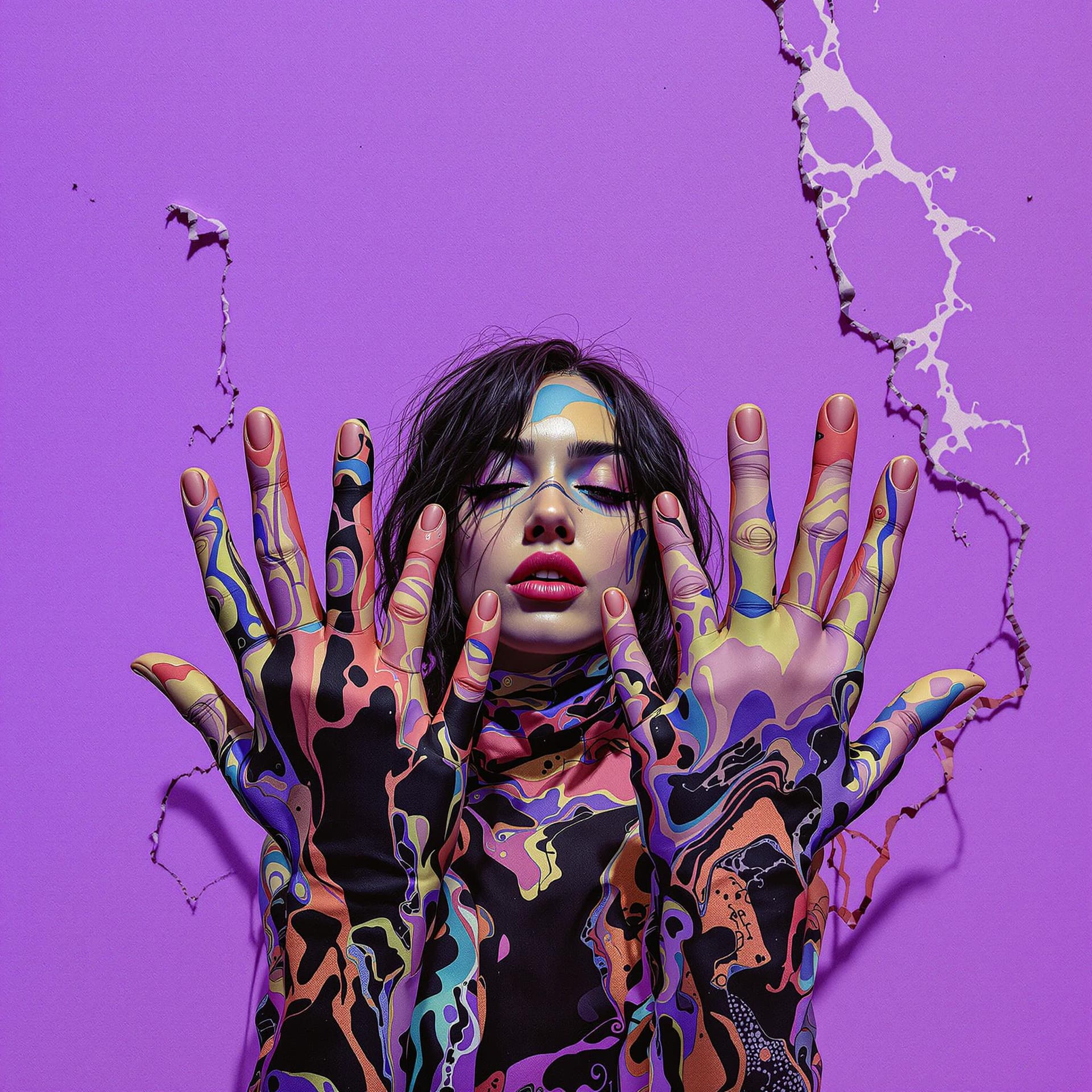 AI generated: there is a woman with many fingers in front of a purple wall, in the style of psychadelic surrealism...