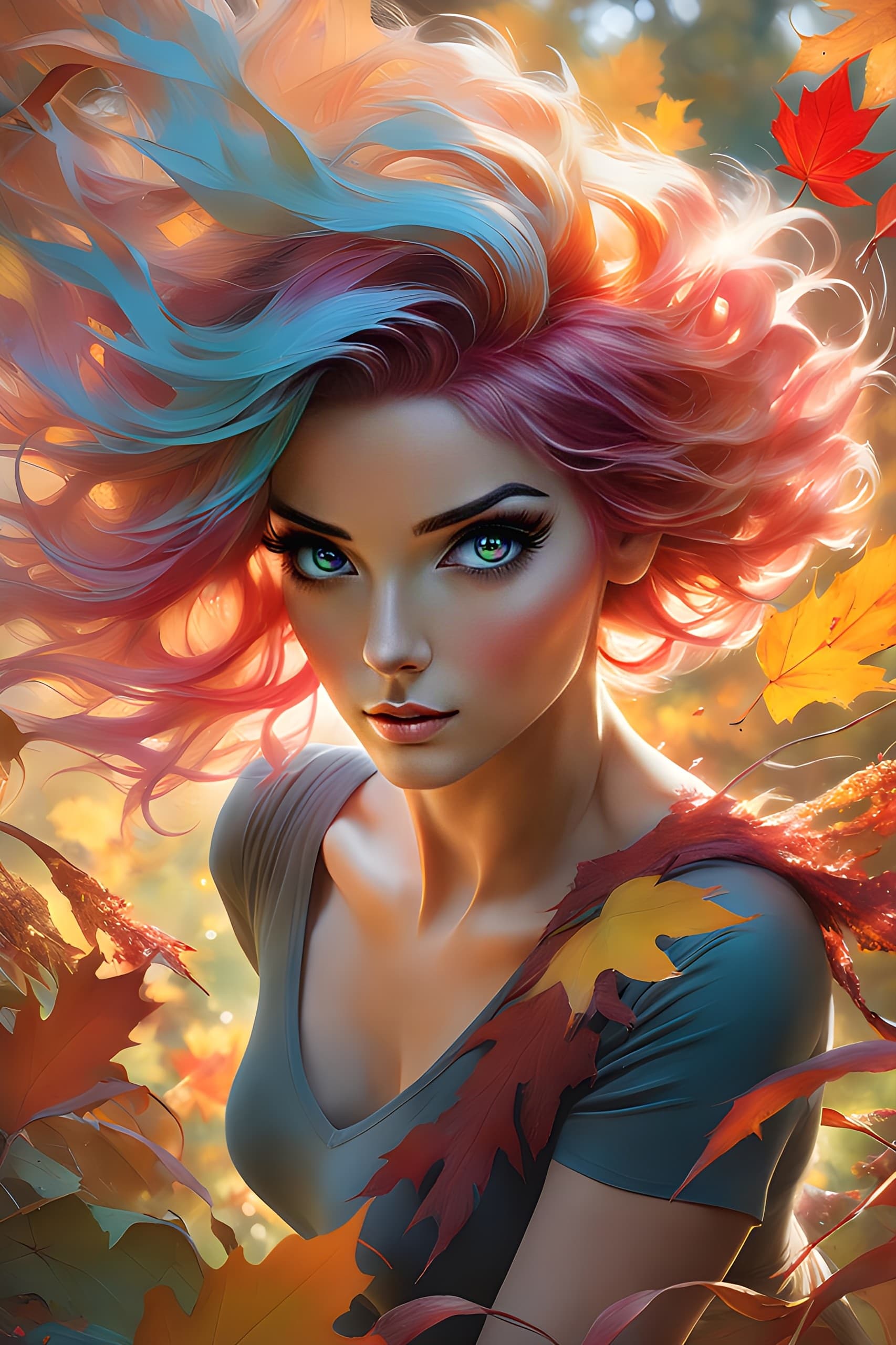 AI generated: beautiful angle view of Species woman individual from another planet with multicolored hair, beautif...