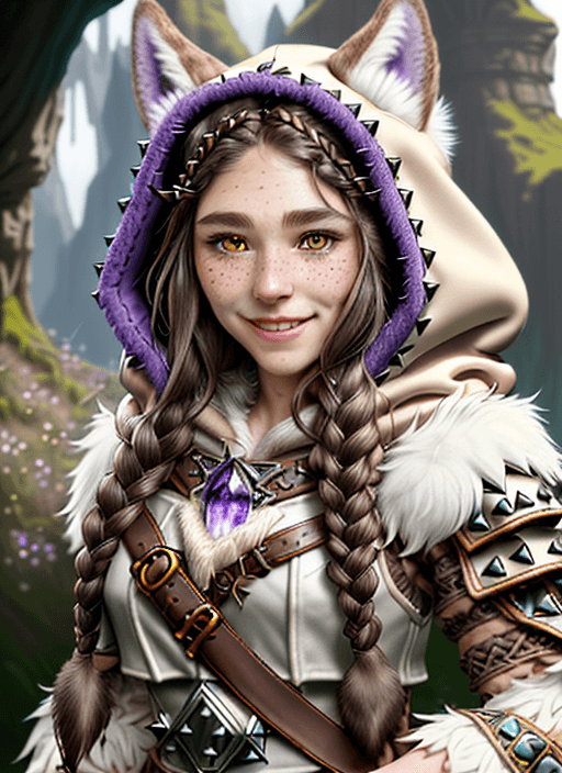AI generated: ultra realistic druid gnome, wolf head hooded leather brown studded armor with fluffy white fur!!! l...
