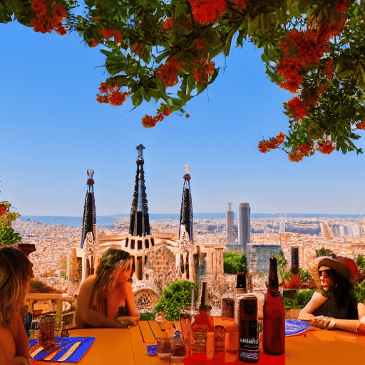 AI generated: Barcelona skyline, SAGRADA FAMILIA ,Mahou, sun and beach, orange, yellow and red colors, terrace wit...