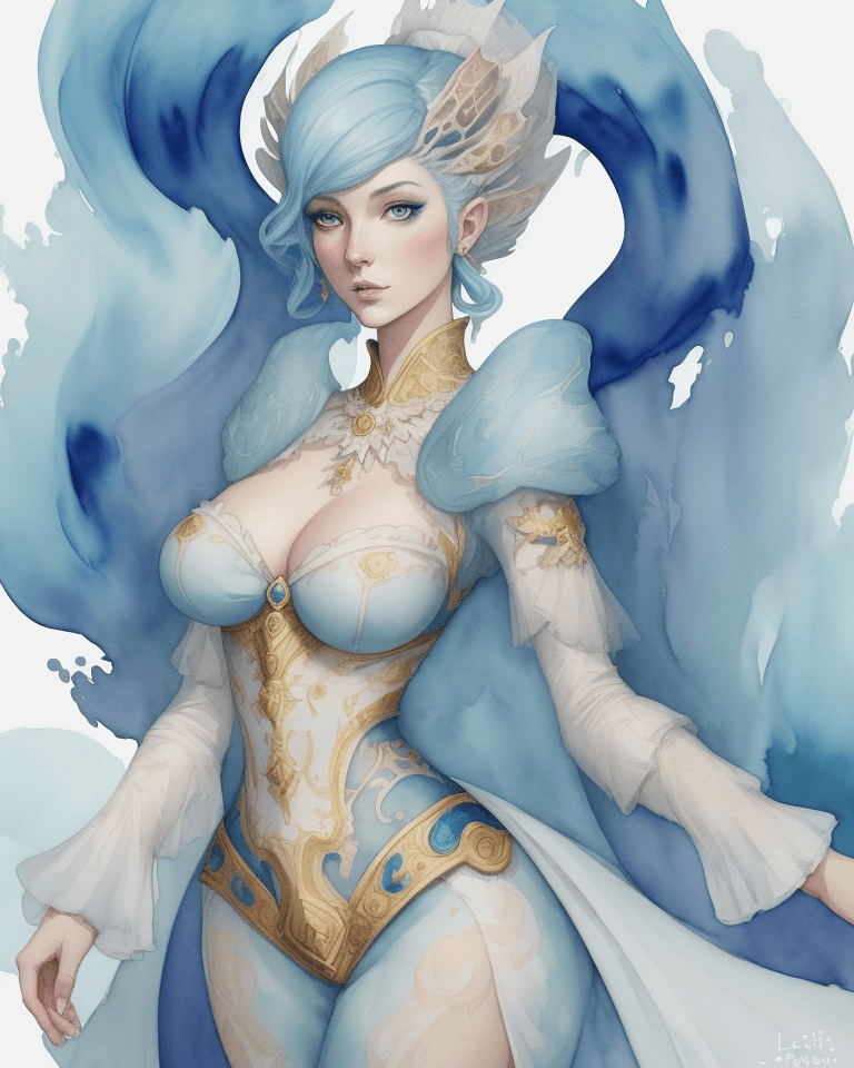 AI generated: Watercolor painting on parchment, a woman wearing an expensive costume, in the style of elemental fo...