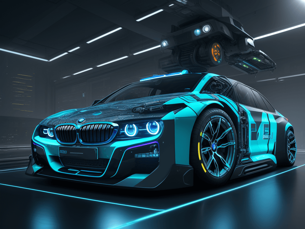 AI generated: BMW car in robot style, ambulance, electronic circuitry, neon, sunlight, panorama, metallic, detaile...