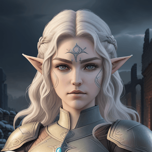 AI generated: 2D style, animated drawing, medium shot of Elara, a Snow Elf with (arched eyebrows) and (penetrating...