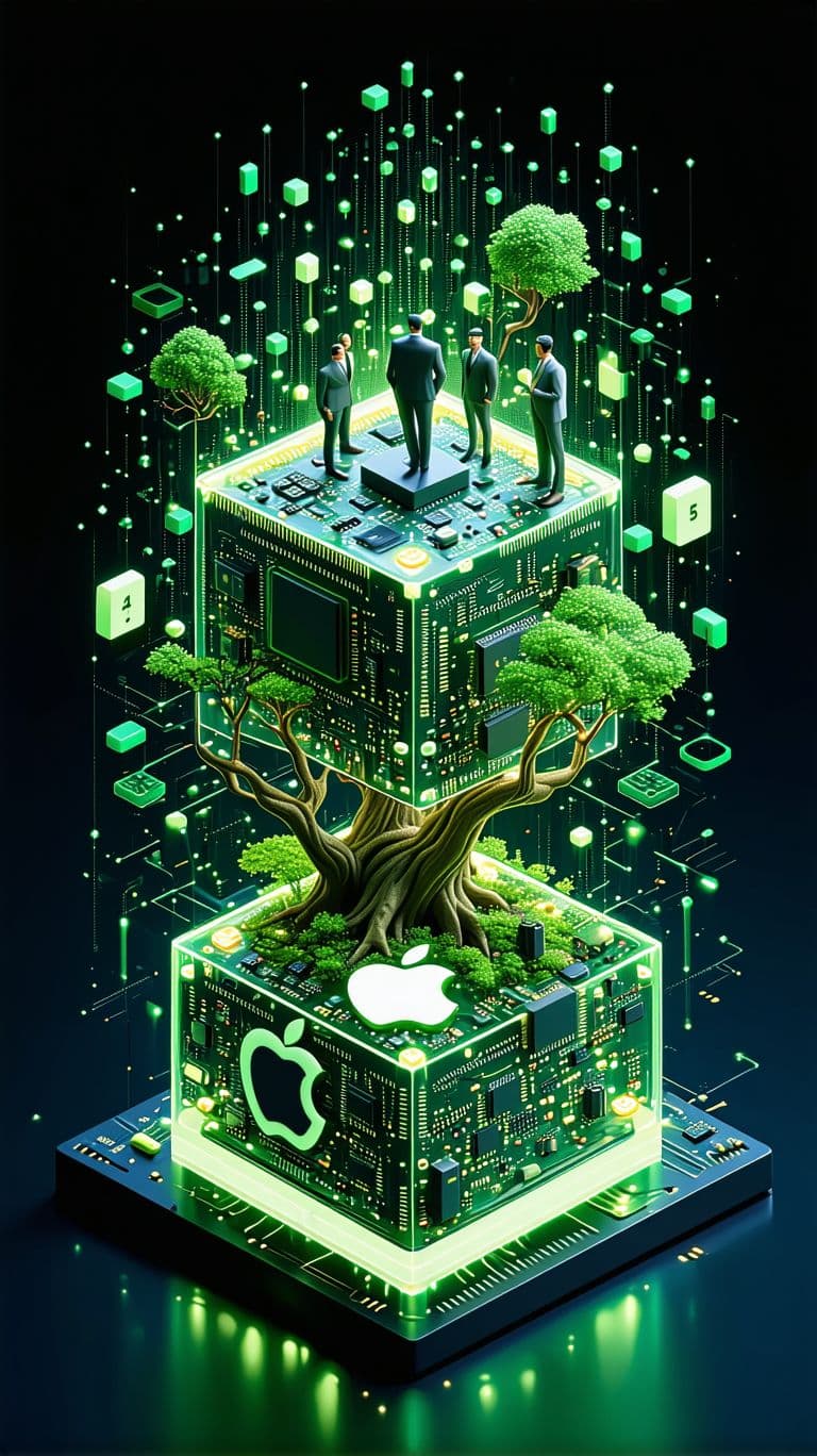 AI generated: Isometric view of a computer motherboard in shape of matrix style numbers and geometric shapes creat...
