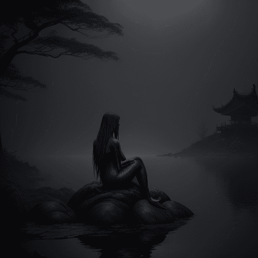 AI generated: A dark, eerie scene with a mermaid sitting on a rock by a misty lake. The mermaid has long, flowing ...