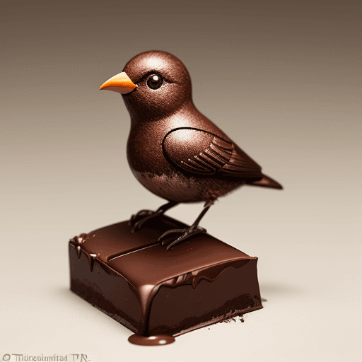 AI generated: a little bird made of a brilliant chocolate bar that has been cut open, standing over a cocoa flower...