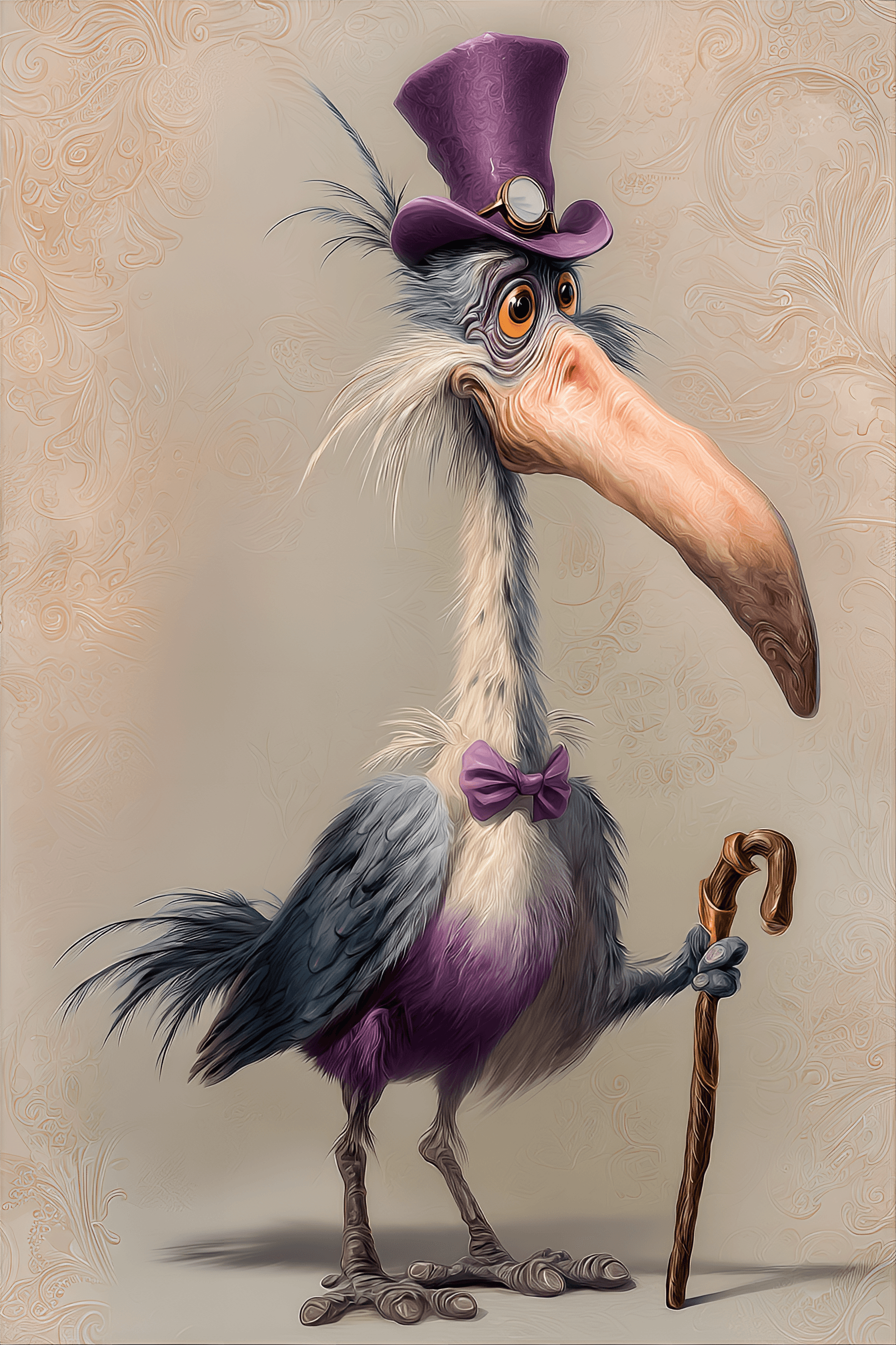AI generated: funny caricature, whimsical bird caricature, male, 100 years old, feathered, lanky, eccentric, exagg...