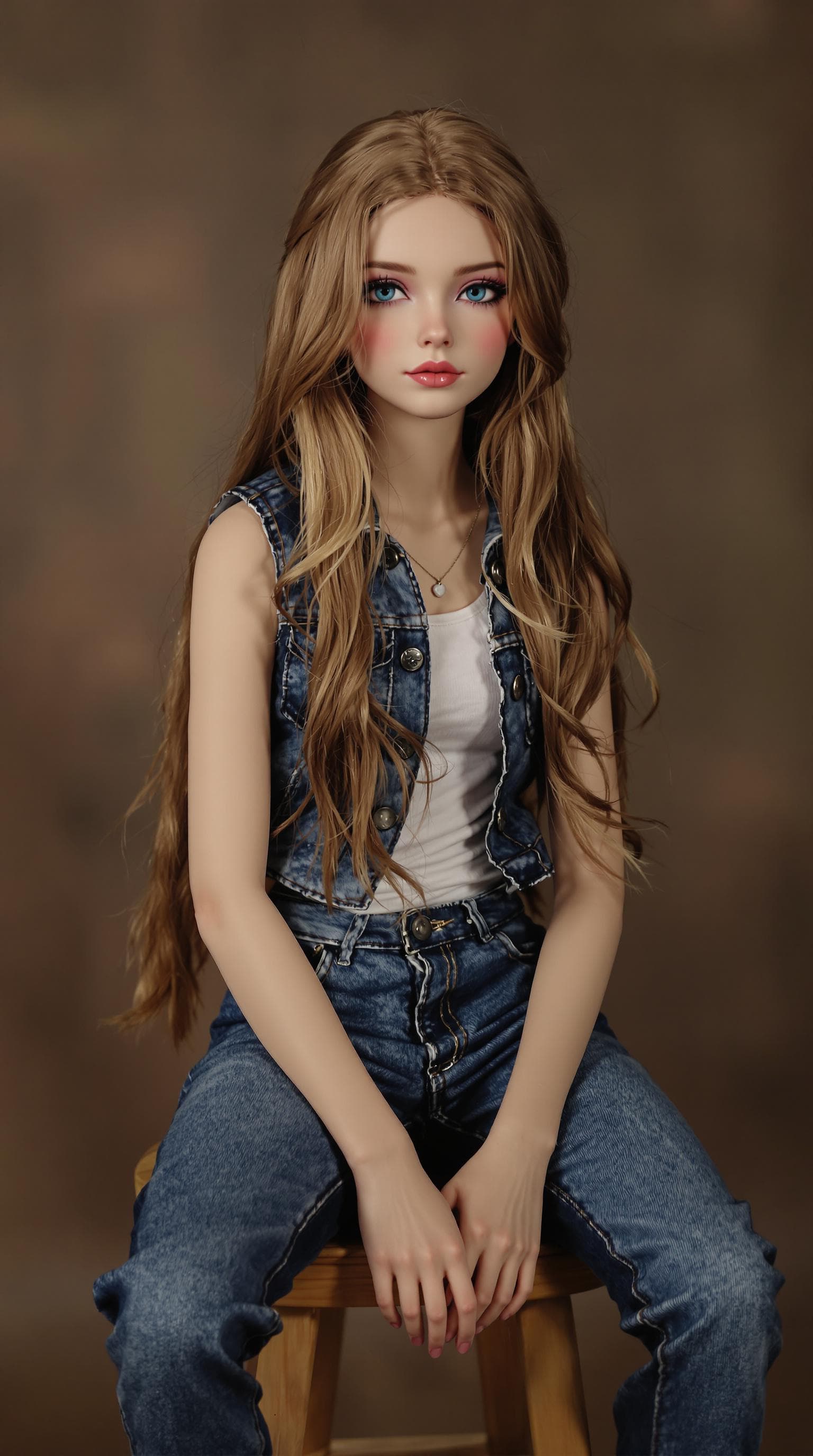 AI generated: a professional photo of a exceptionally beautiful, porcelain girl steampunk figurine sitting on a wo...