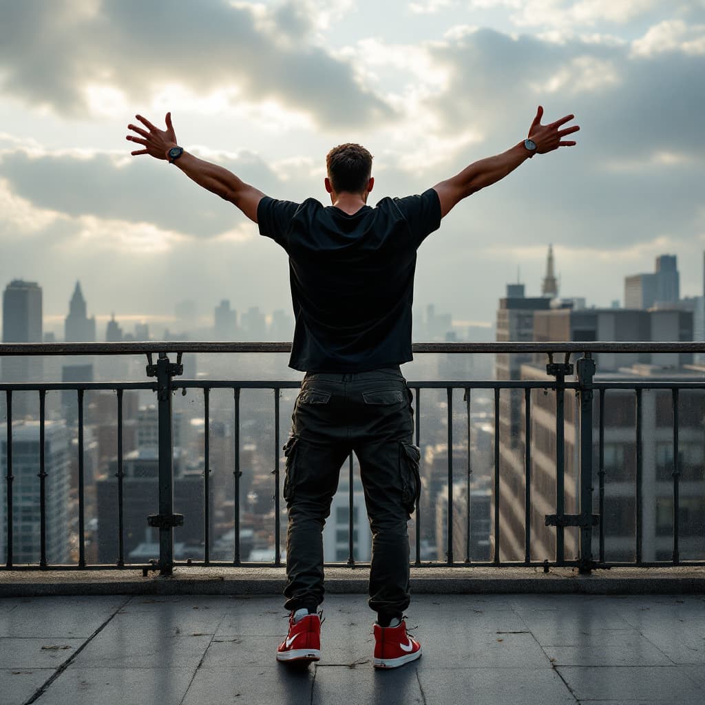 AI generated: photograph of a man expressing freedom, rear view, full body, building rooftop at safety railing, dr...