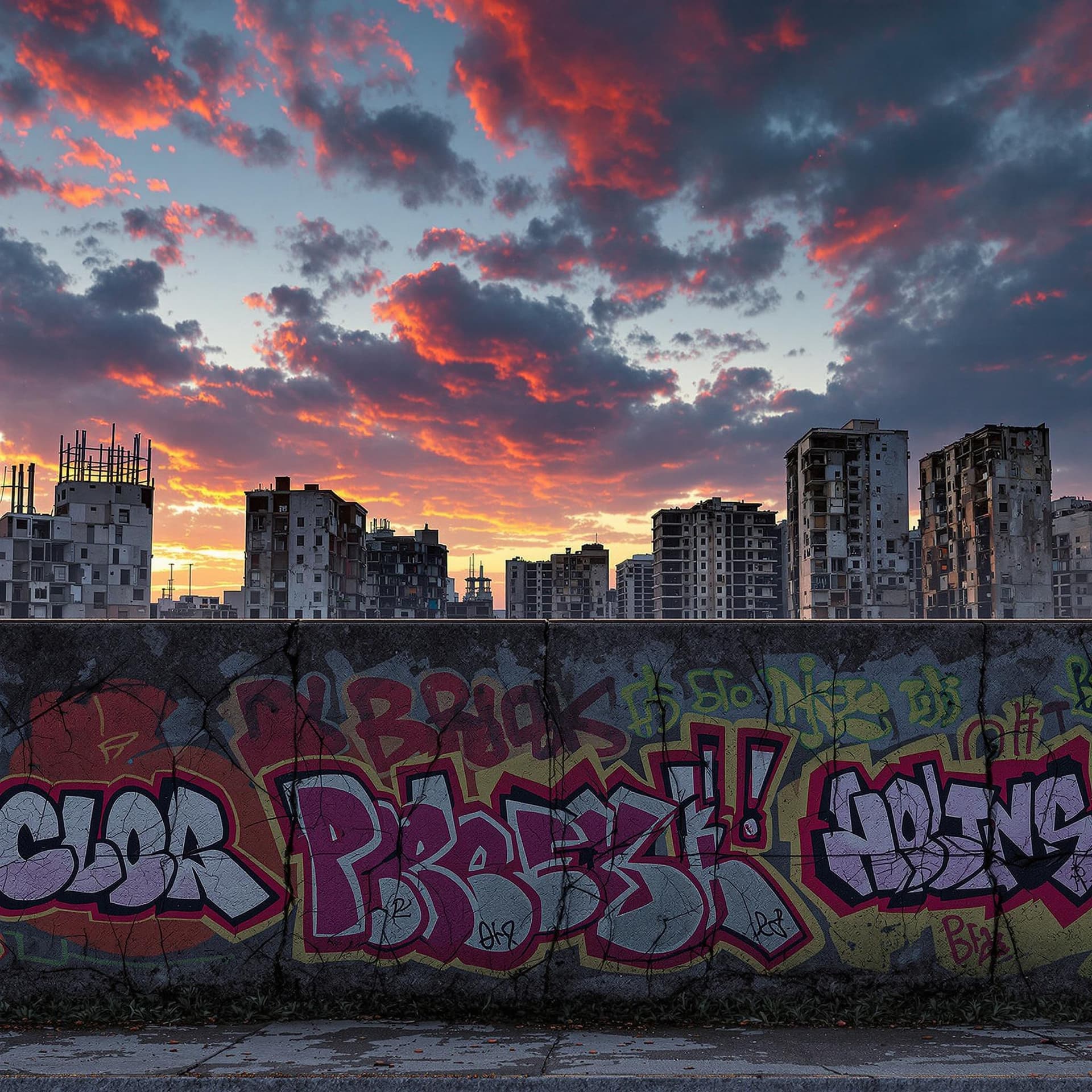 AI generated: urban area wall with cracks and discoloration running across the image about 8 ft high and behind it...