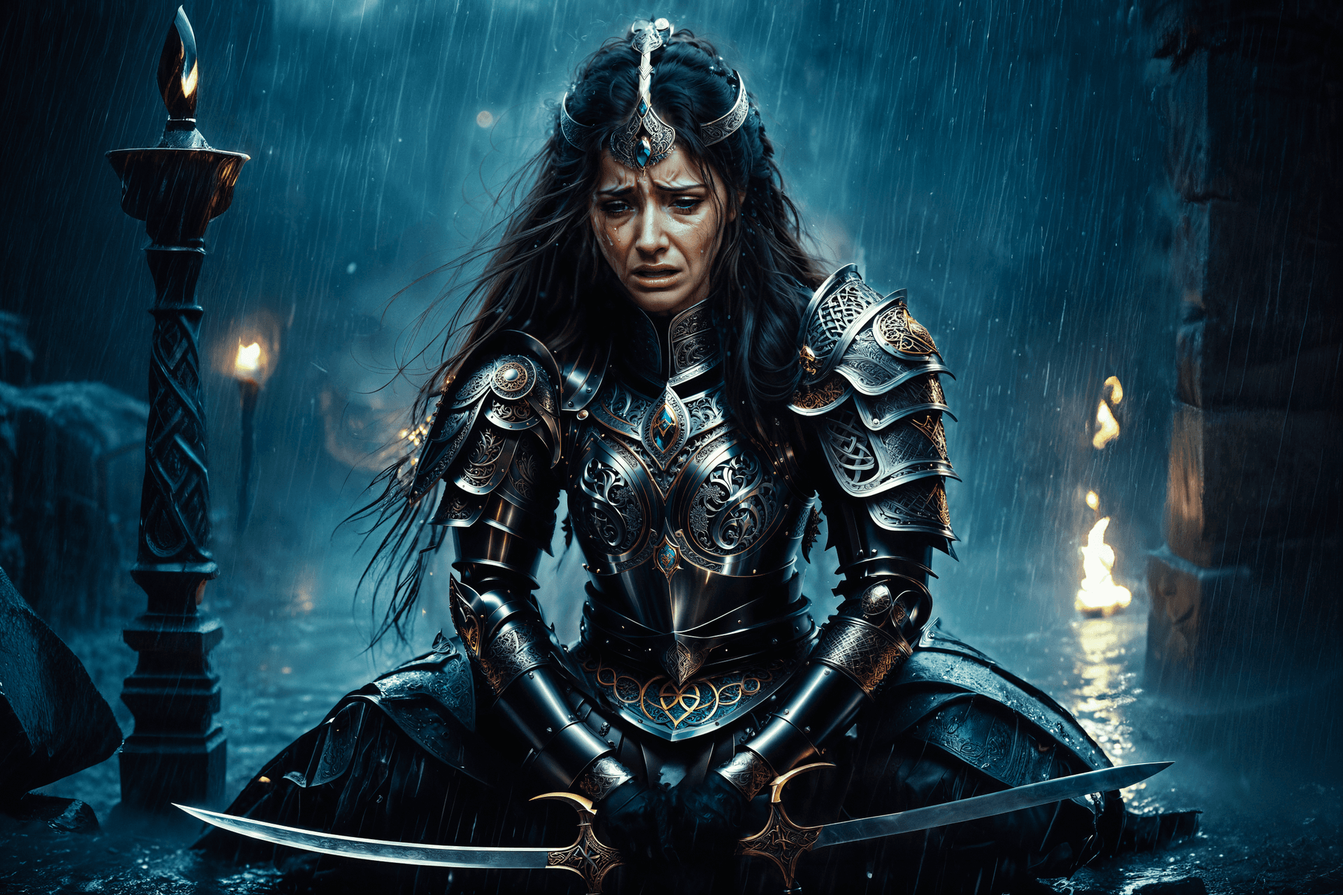 AI generated: a crying woman in a wet armor holding a sword in the rain with her hands on her head, Araceli Gilber...