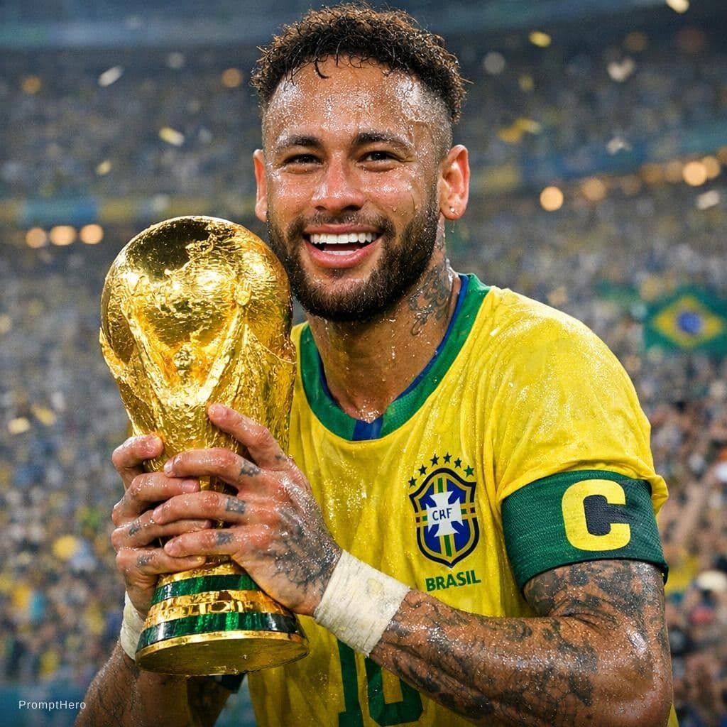 AI generated: Neymar com a taça da copa do mundo nas mãos suado ele está no estádio e a faixa de capitão no braço 
