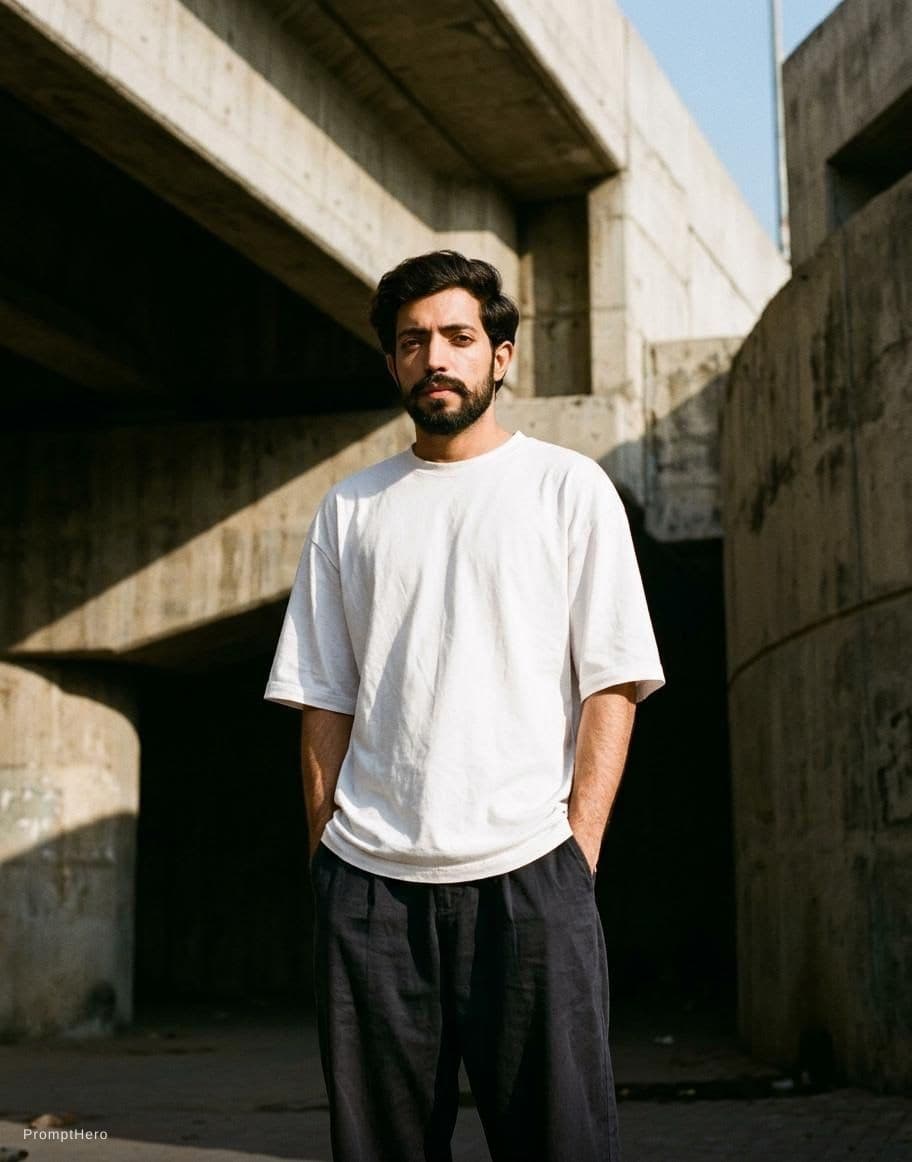 AI generated: A moody, urban portrait of me standing under a desolate concrete overpass, the harsh architectural l...