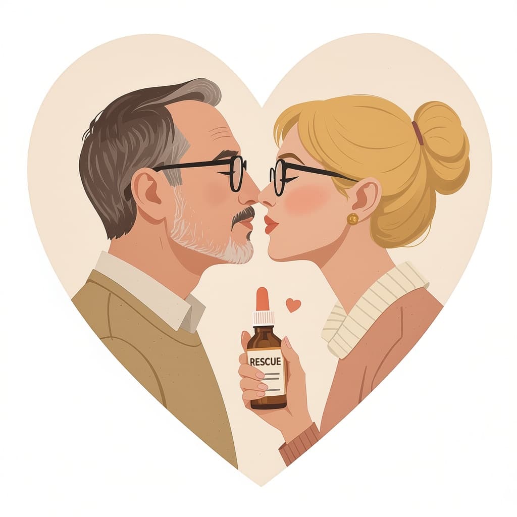 AI generated: flat vector illustration of a middle-aged couple about to kiss, close-up portrait cropped at torso, ...