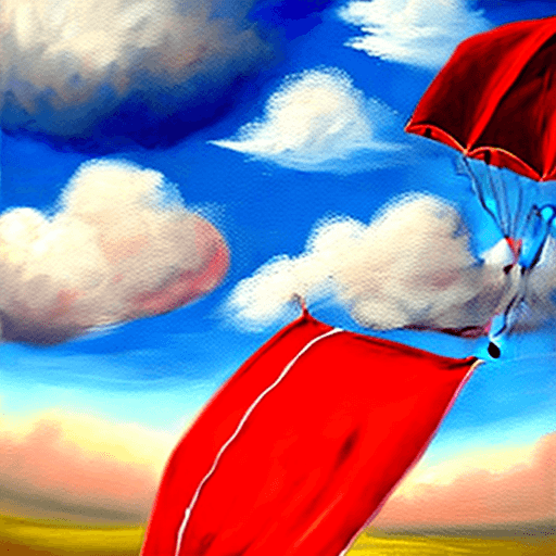 AI generated: Falling happy dog attached to a red parachute amidst sunny clouds.
Style: oil painting