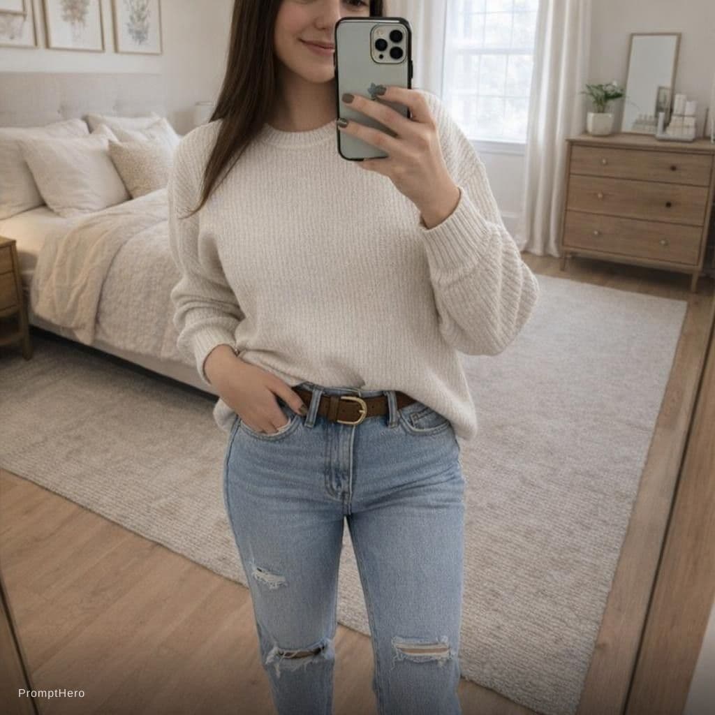 AI generated: Selfie of the girl in a bedroom showing off an outfit