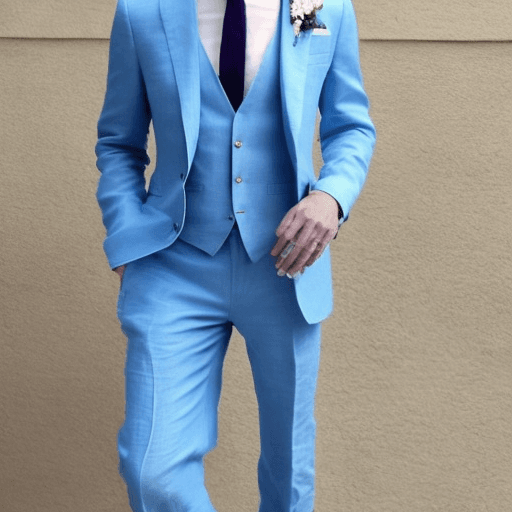AI generated: Caption: "A light and breezy blue linen suit is perfect for a summertime outdoor wedding. It's cool ...