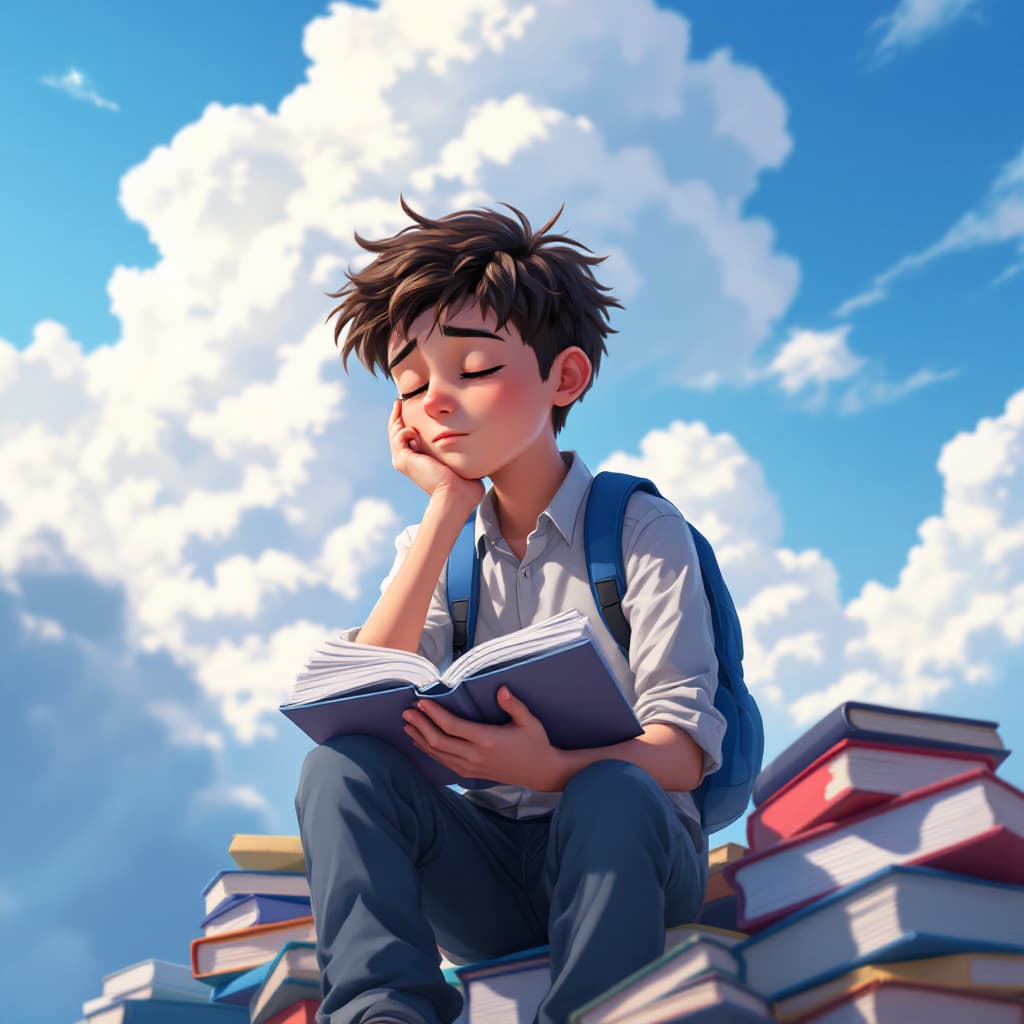 AI generated: A young boy sitting on a pile of books, close tight his eyes, knit his brows, looking thoughtful, On...