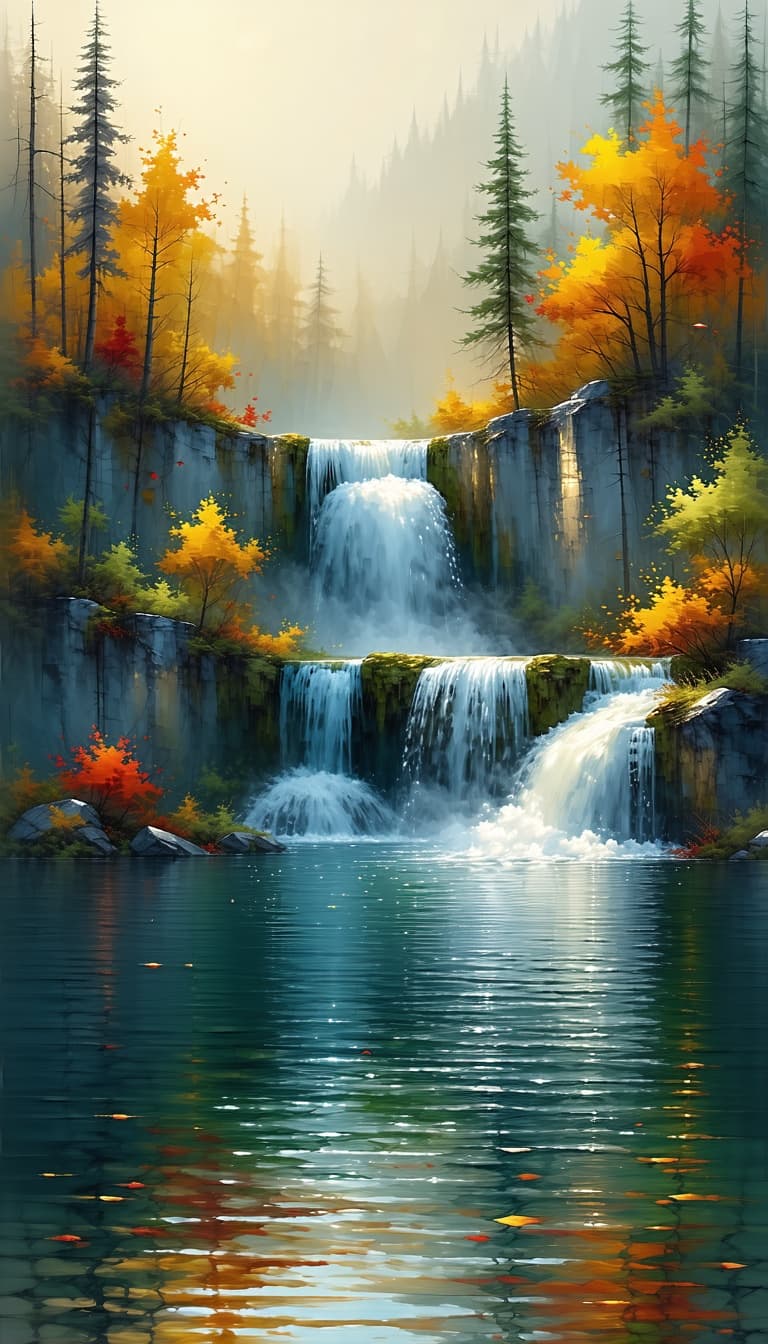 AI generated: A gentle autumn waterfall flowing smoothly into a reflective lake, surrounded by softly blurred tree...