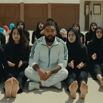 AI generated video: All of the girls move their soles of feet and singing 
