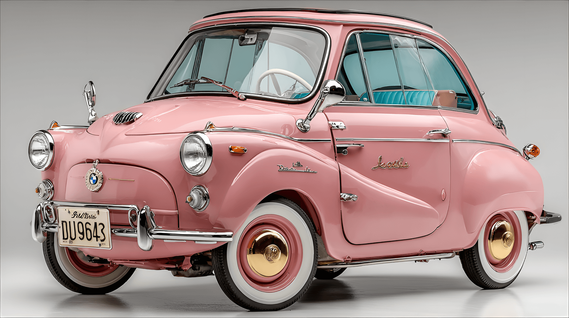 AI generated: 1957 BMW Isetta microcar, shown in a light pastel pink, featuring its tiny bubble-shaped
design, fr...