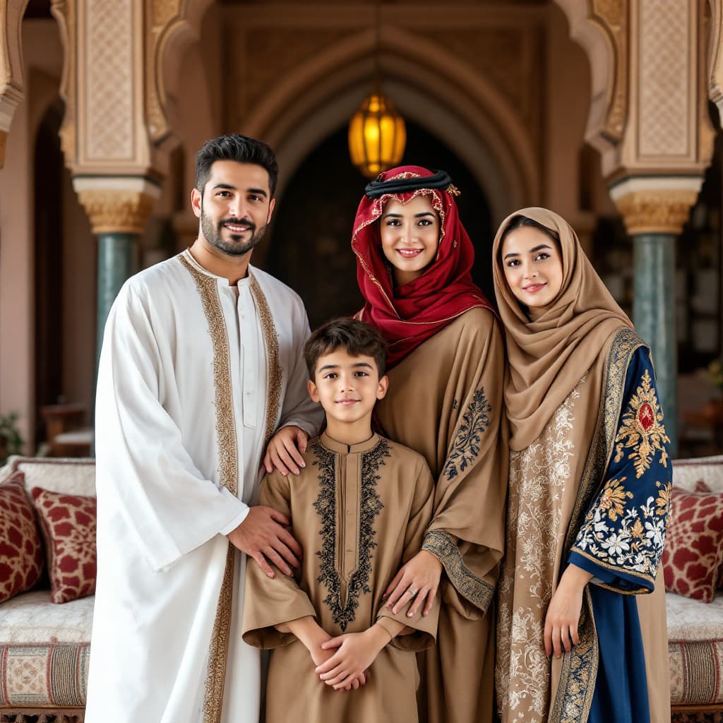 AI generated: A family of four poses for a photo in a riad in Fez, Morocco. The family consists of a father, a mot...