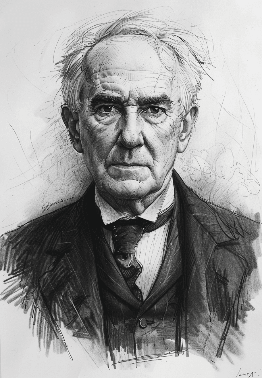 AI generated: Thomas Edison, detailed black and white drawing in the style of old school tattoo art --ar 73:105 --...