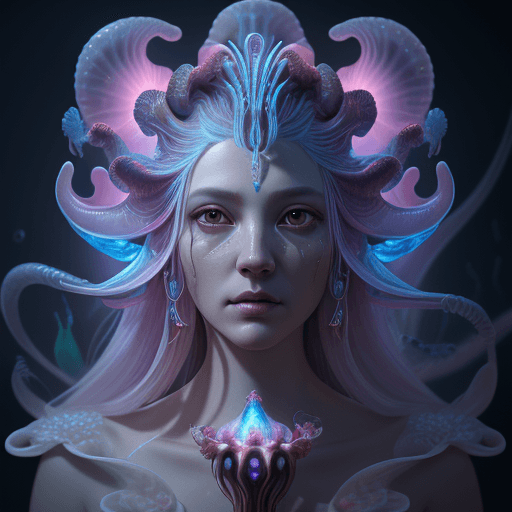 AI generated: Goddess close-up portrait ribcagel. jellyfish phoenix head, nautilus, orchid, skull, betta fish, bio...