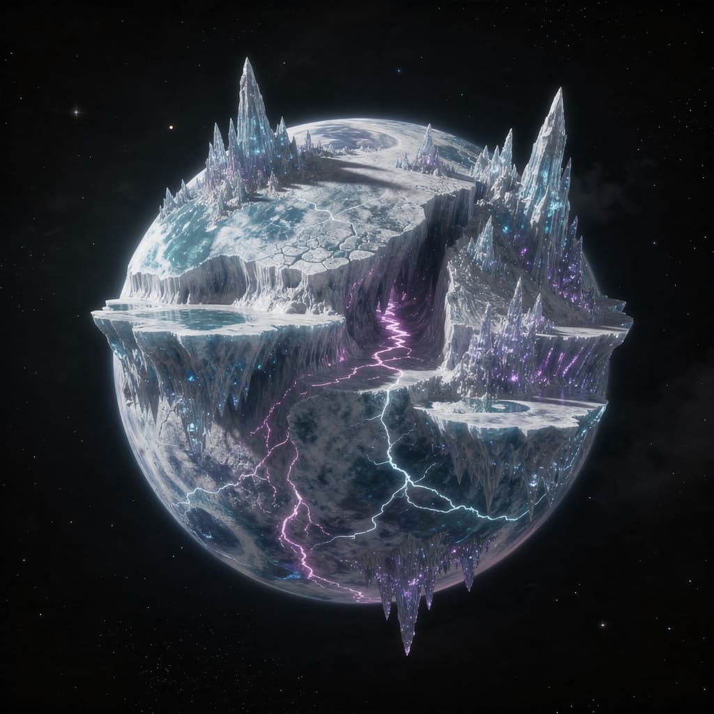 AI generated: Create a Sci-Fi image of a planet. A Rogue Ice World, Planet. Within the Void of Space.

Do not use ...