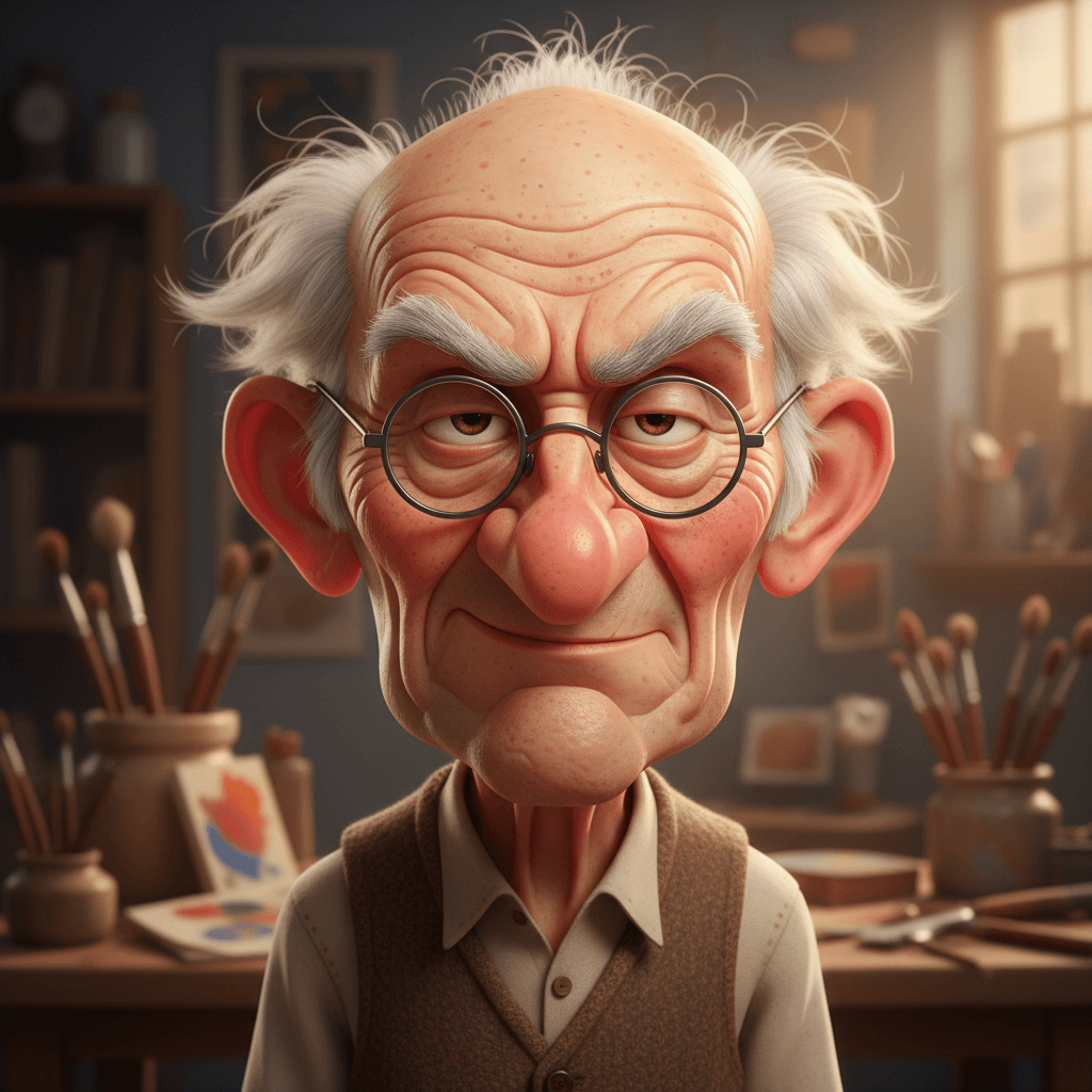 AI generated: Expressive caricature in pixar style unreal charming seemingly mischievous irritated very old man wi...