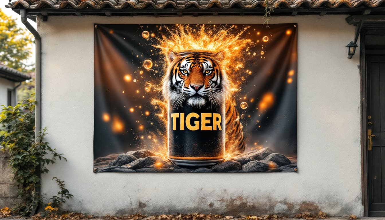 AI generated: A large poster on the wall of a townhouse, featuring a rustic and massive cylindrical energy drink c...
