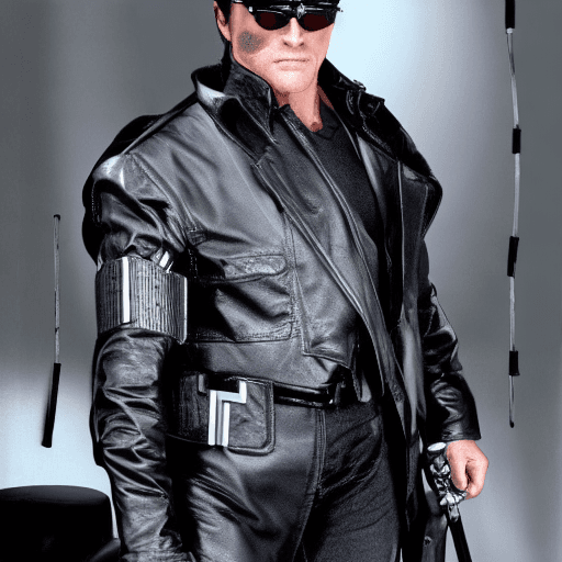 AI generated: terminator, chrome t-800 endoskeleton, extra wide black leather gaucho hat, armored black leather tr...