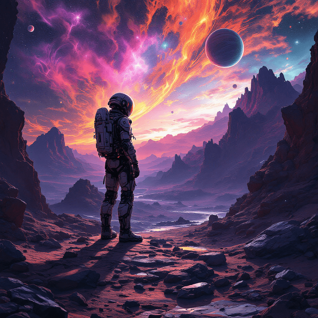 AI generated: Lonely cyborg astronaut in jupiter, epic scene, by victo ngai, kilian eng vibrant colours, dynamic l...