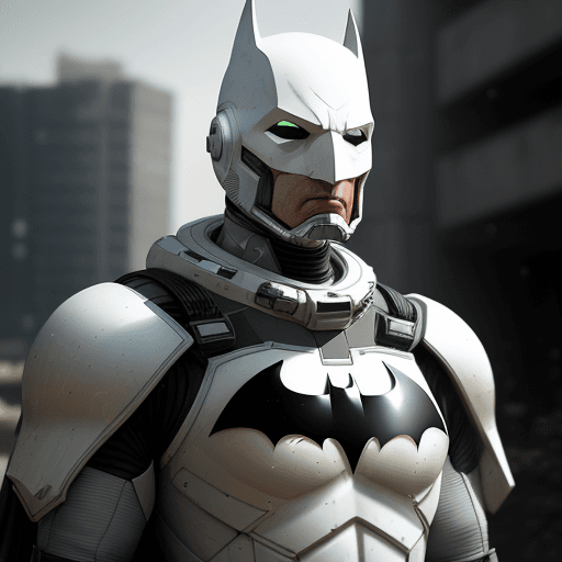 AI generated: white sci-fi batman armor with cybernetic helmet, full armor, insulated armor, spacesuit, bald head,...