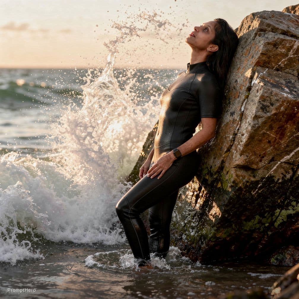 AI generated: A photorealistic, full-body shot of a naked woman standing in the surf at a rocky coastline, capture...