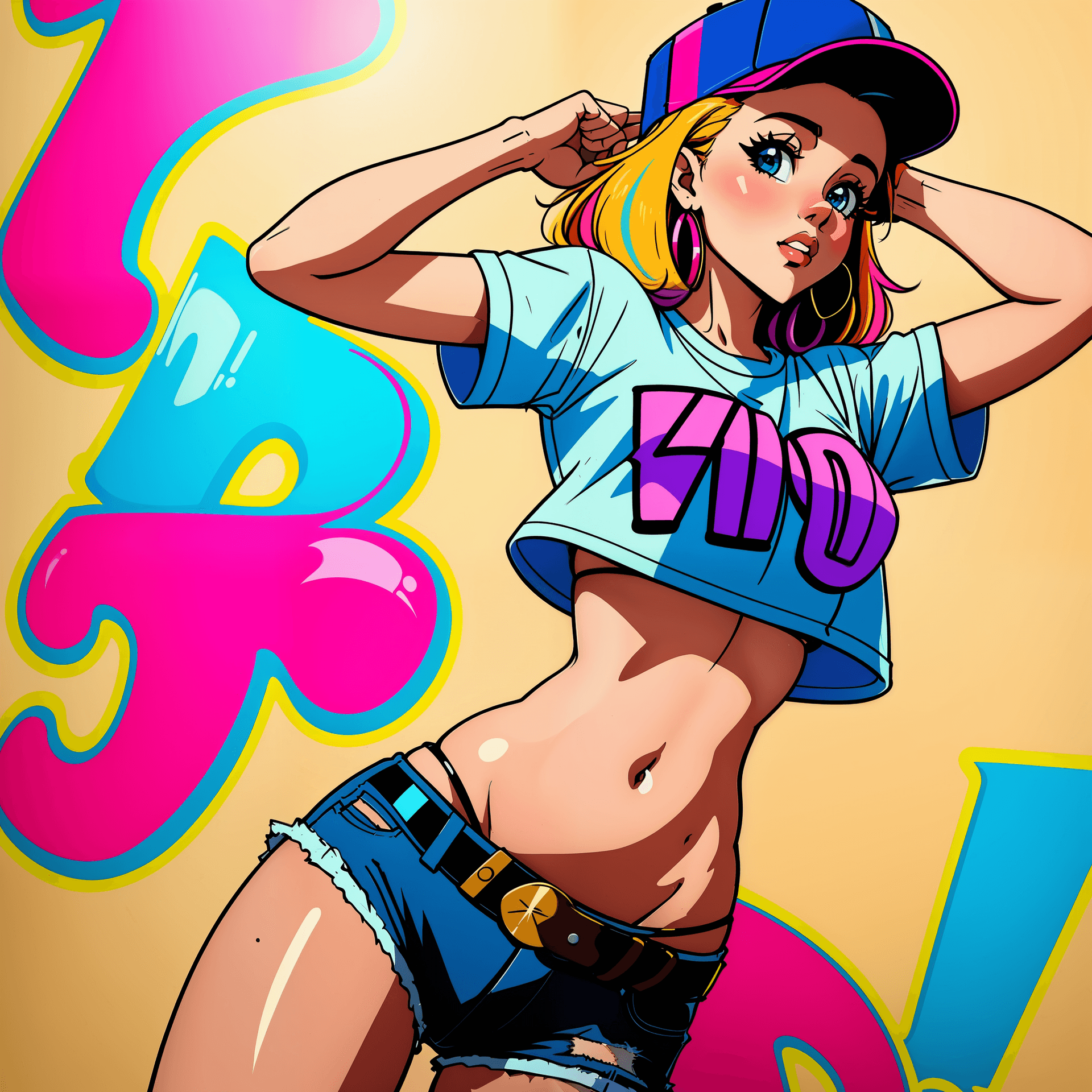 AI generated: shirt with a girl in a hat and a belt, a photo inspired by Daphne McClure, tumblr, graffiti, tinyest...