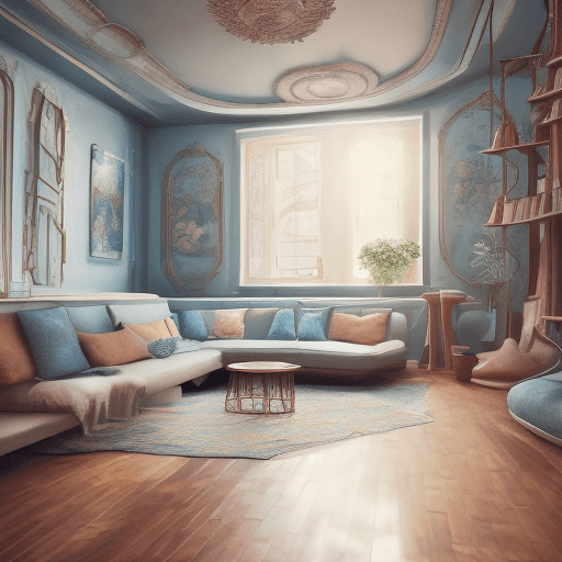 AI generated: High resolution photography interior design, dreamy sunken living room conversation pit, wooden floo...