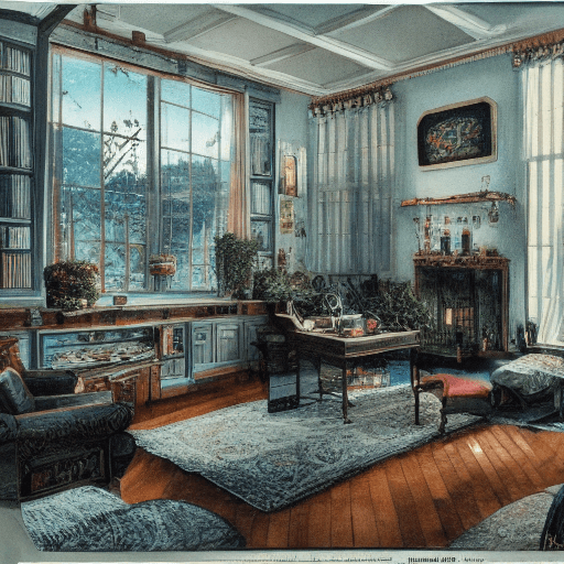 AI generated: Fantastic nature dream concept, a full WIDE view, living room interior 1920 with 1990 dj amps, morni...