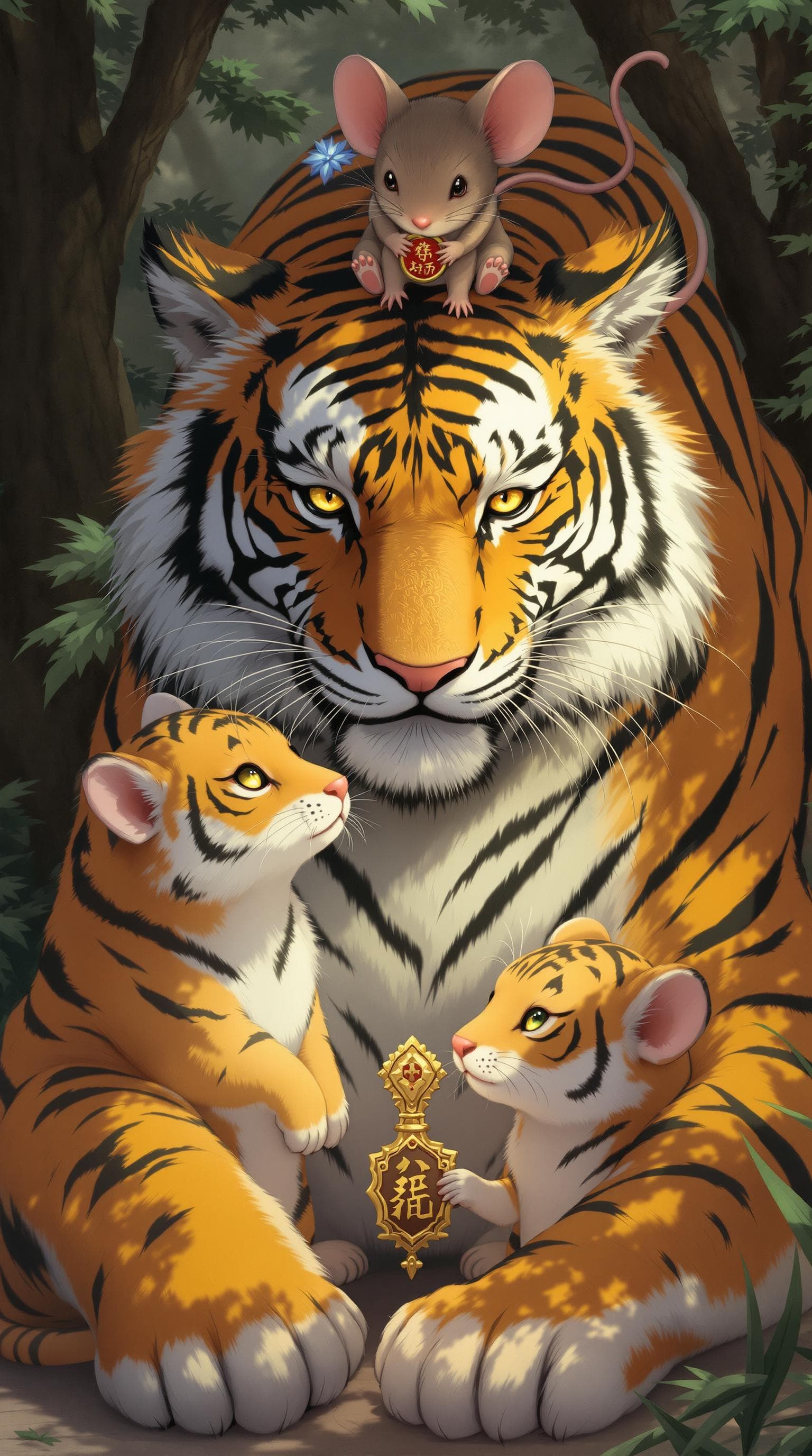 AI generated: a tiger and two tiger cubs, and a oversized mouse ,with a mouse on the tiger's head, the mouse holdi...