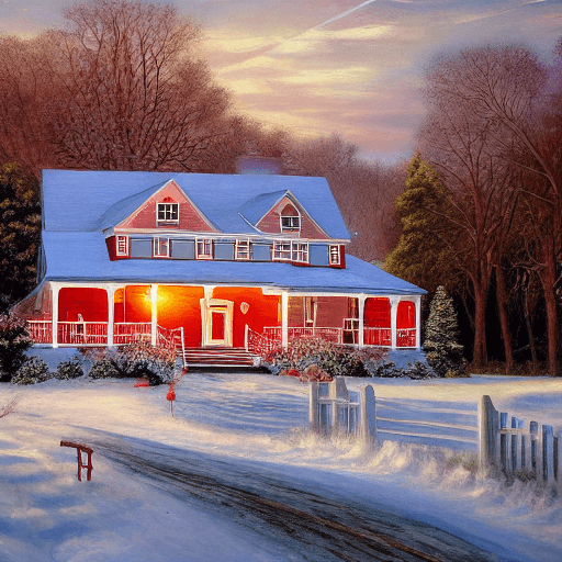 AI generated: country house, with wrap around deck, white walls, big red barn, thomas kincaid lighting, wintertime