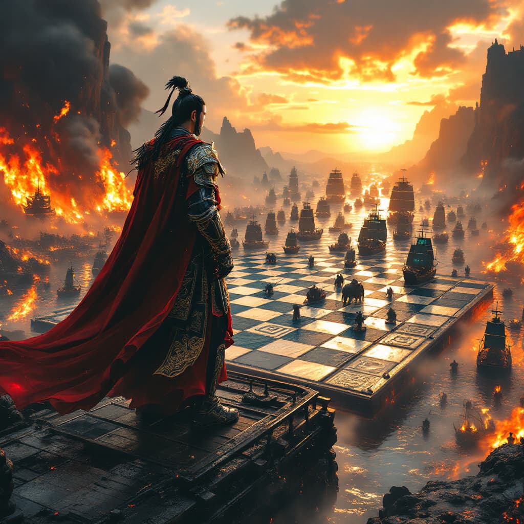 AI generated: A legendary Chinese general, Zhou Yu, stands heroically on the deck of a burning warship during the ...
