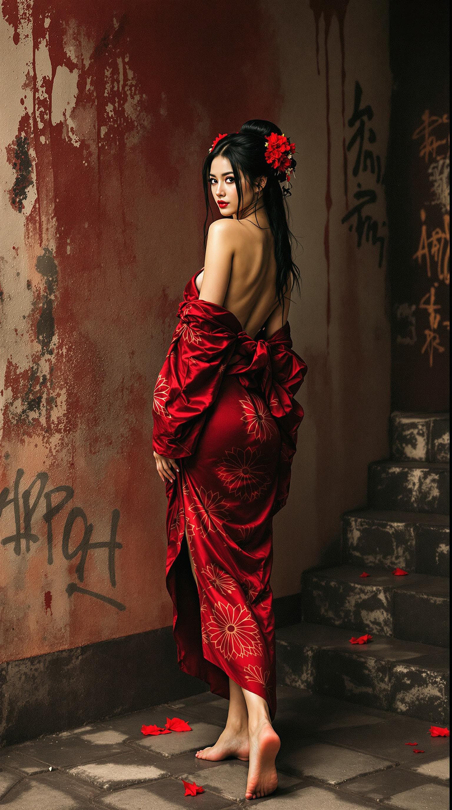 AI generated: Full body view An alluring Asian woman in a very short red and black kimono, partially slipping off ...