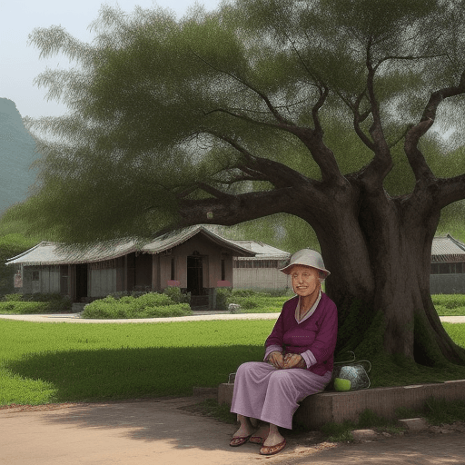 AI generated: An old lady in rural China sits under the big tree in front of her house