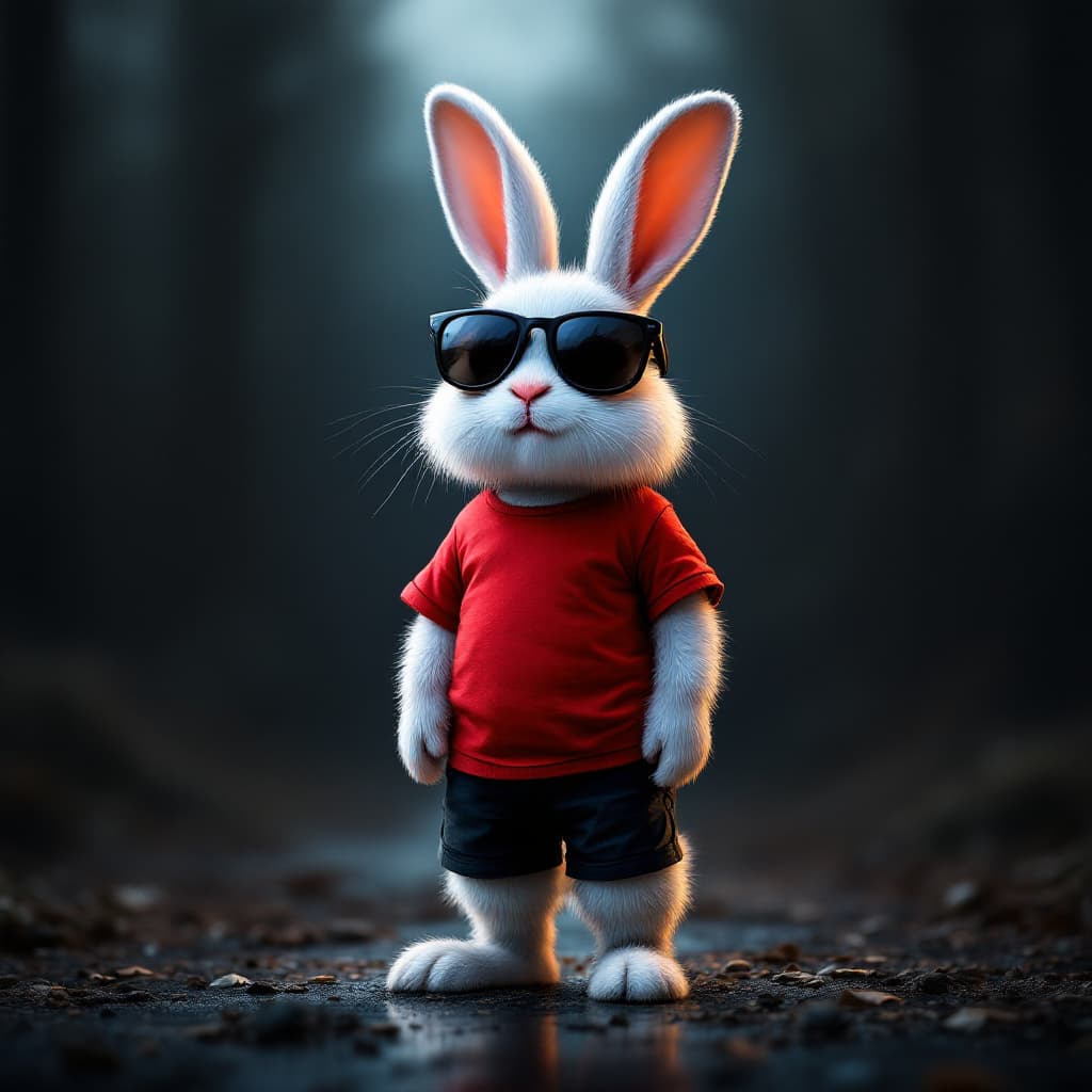 AI generated: A 4k resolution full image of a rabbit standing on a dark contexted surface, wearing a red shirt, bl...