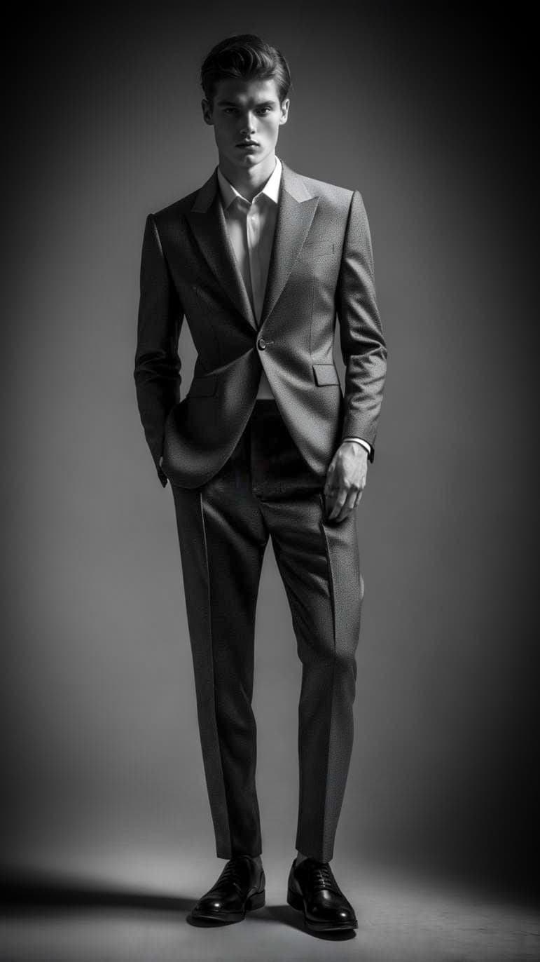 AI generated: Generate a high-end fashion image of a male model wearing a tailored modern suit with sharp lapels a...
